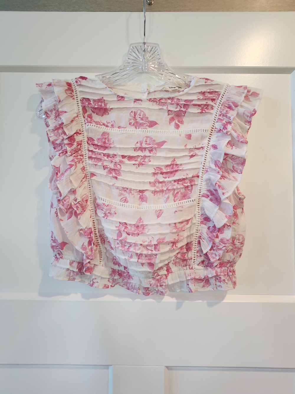 The Vintage Shop White and Pink Floral Ruffle Blouse